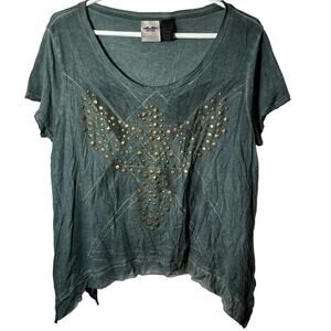 HARLEY‎ DAVIDSON Multi-Stud V Neck Short Sleeve Sharkbite Hem Green Tee Sz M